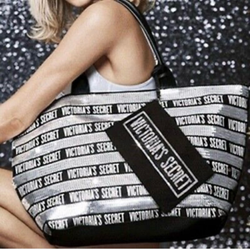 Victoria's Secret Tote Bag 2 Piece Set 
Black With Silver Sequins NWT